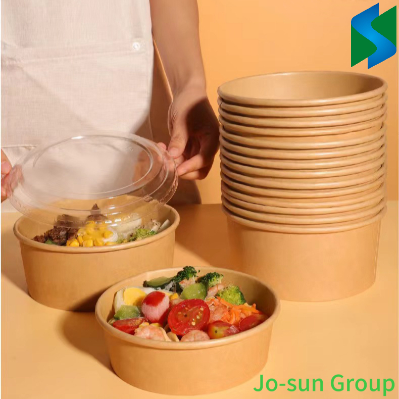 Jo-Sun Take Away Paper Container Salad Bowls 500 Ml 750 Ml Disposable Kraft Paper Round Bowl for Food Packaging