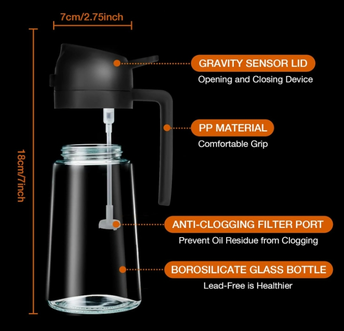 Oil Sprayer for Cooking, 2 in 1 Olive Oil Dispenser Bottle for Kitchen, 16oz/470ml Premium Glass Oil Bottle, Food-Grade Oil Mister for Air Fryer, Sala