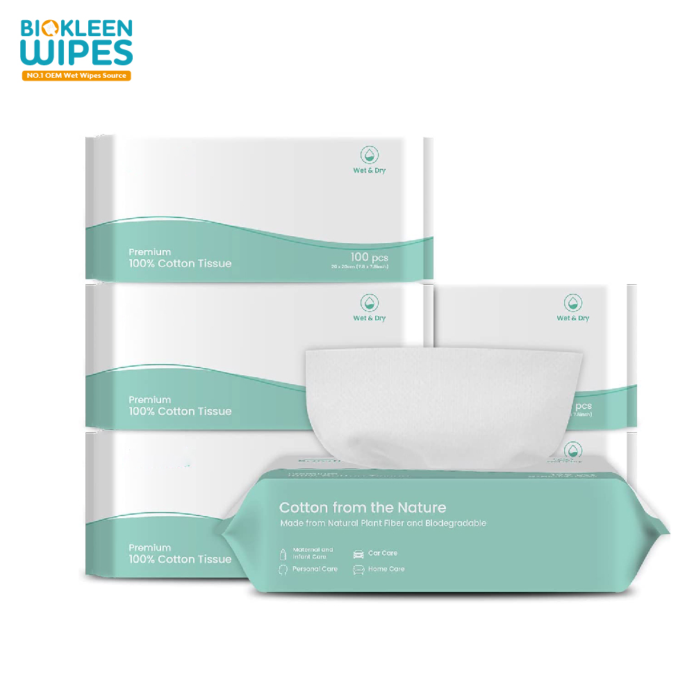 Biokleen 100 Count Bamboo Fiber 1005 Multi Purpose Cotton Embossed Patient Skincare 18X20cm Disposable Towel Dry Cotton Tissue Wipes