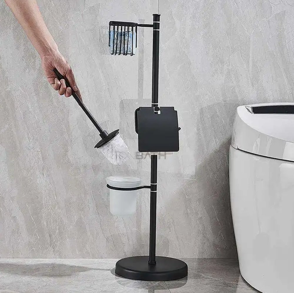 Ortonbath Toilet Paper Holder Stand with Top Storage Shelf Basket, Free Standing Toilet Roll Dispenser for Bathroom with Toilet Brush Holder