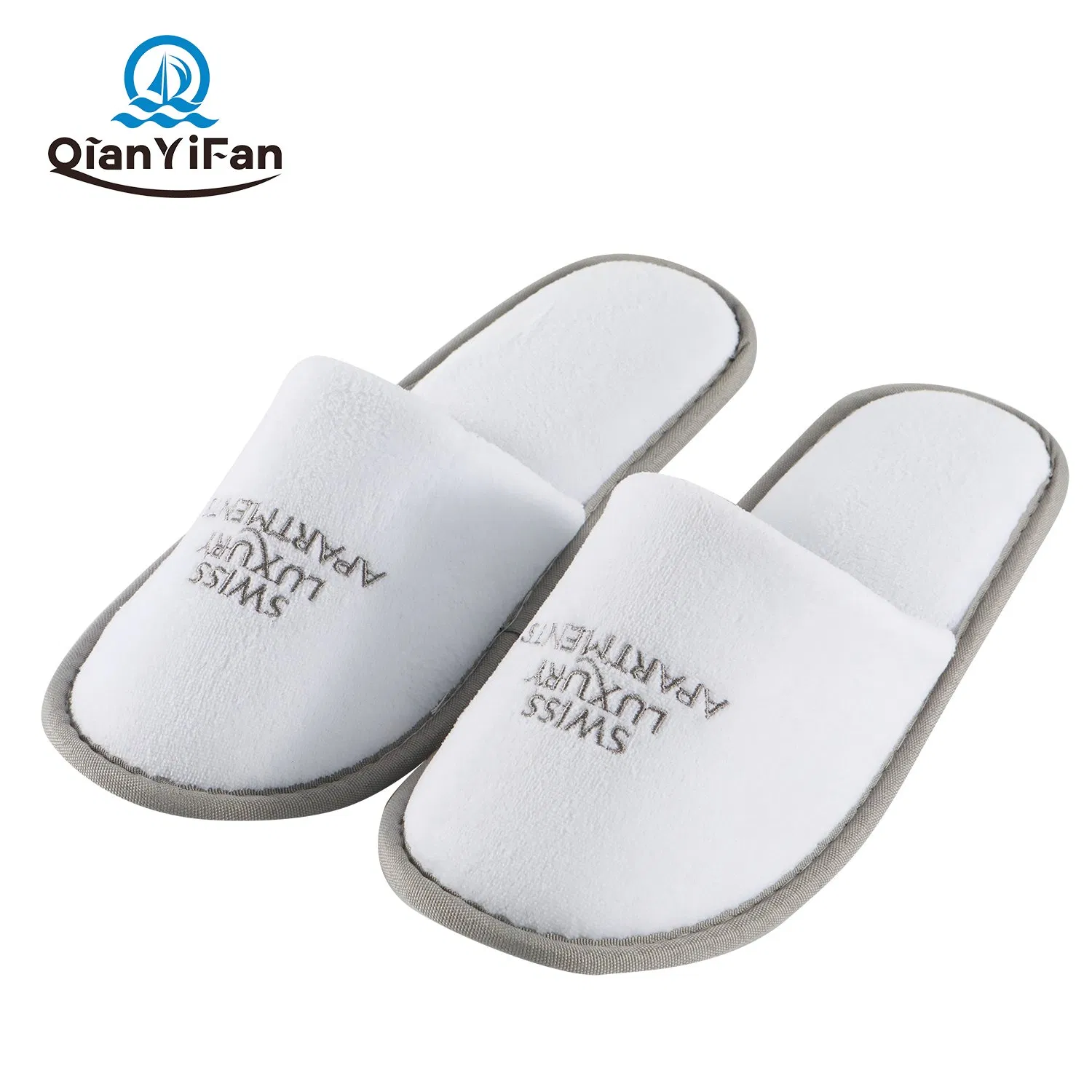 Hotel Airlines 29*11 Cm White Polyester Velour Disposable Slippers 5 mm EVA Sole Embroidery