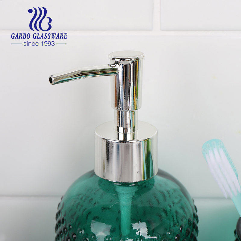 Green Glass Bathroom Set of Lotion Bottle Brush Tumbler Soap Dish