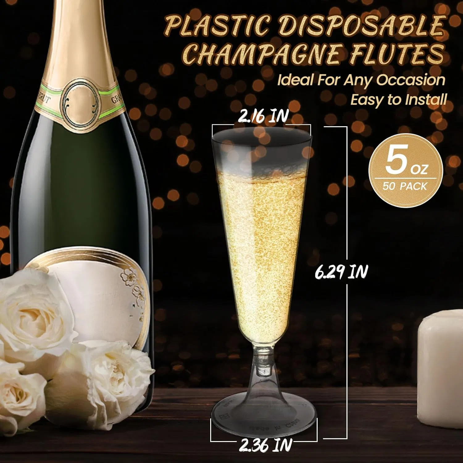 Clear Plastic Champagne Flutes 5oz Elegant, Sturdy & Reusable Toasting Glasses for Mimosa, Cocktails, Prosecco