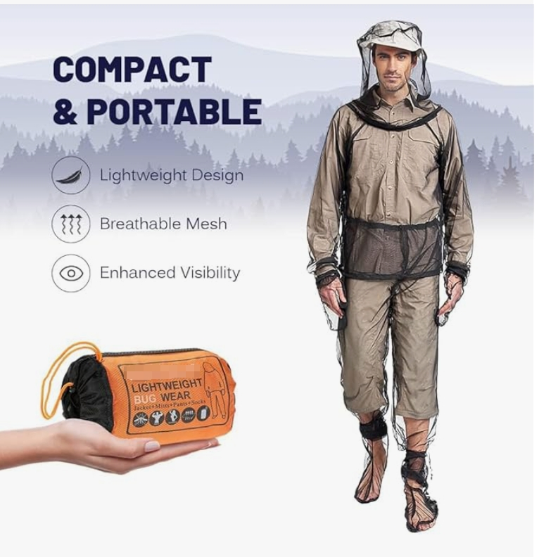 Mosquito Mesh Suit Cloth Top Set with Jacket Hood Mitts Socks Storage Sack - Ultra-Fine Net Mesh Clothing for Fishing Hiking Camping