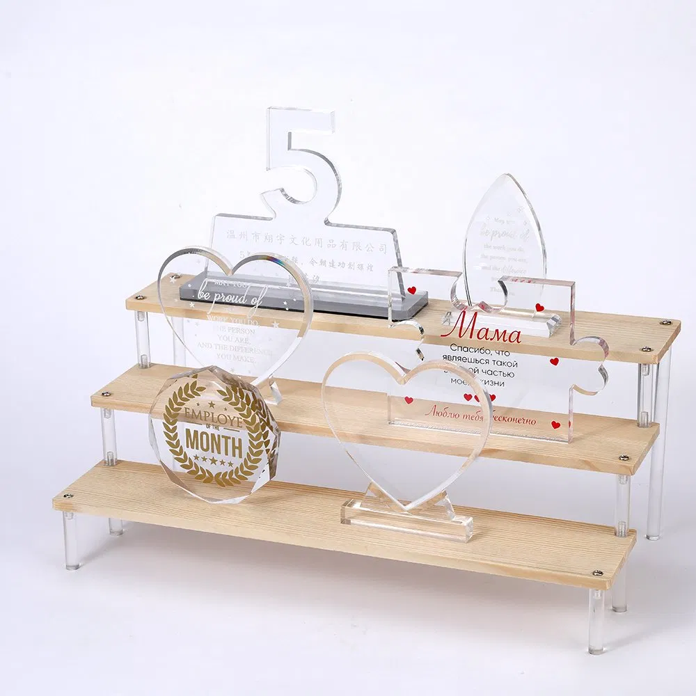 Elegant 3-Tier Acrylic and Wood Display Shelf for Organizing Makeup and Desserts