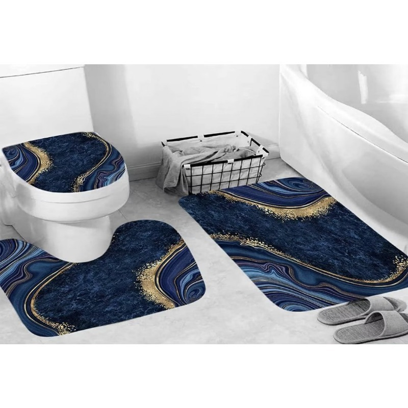 Polyester 3D-Printed Waterproof Marble Pattern Shower Curtain Non-Slip Mat 4PCS Bathroom Accessories