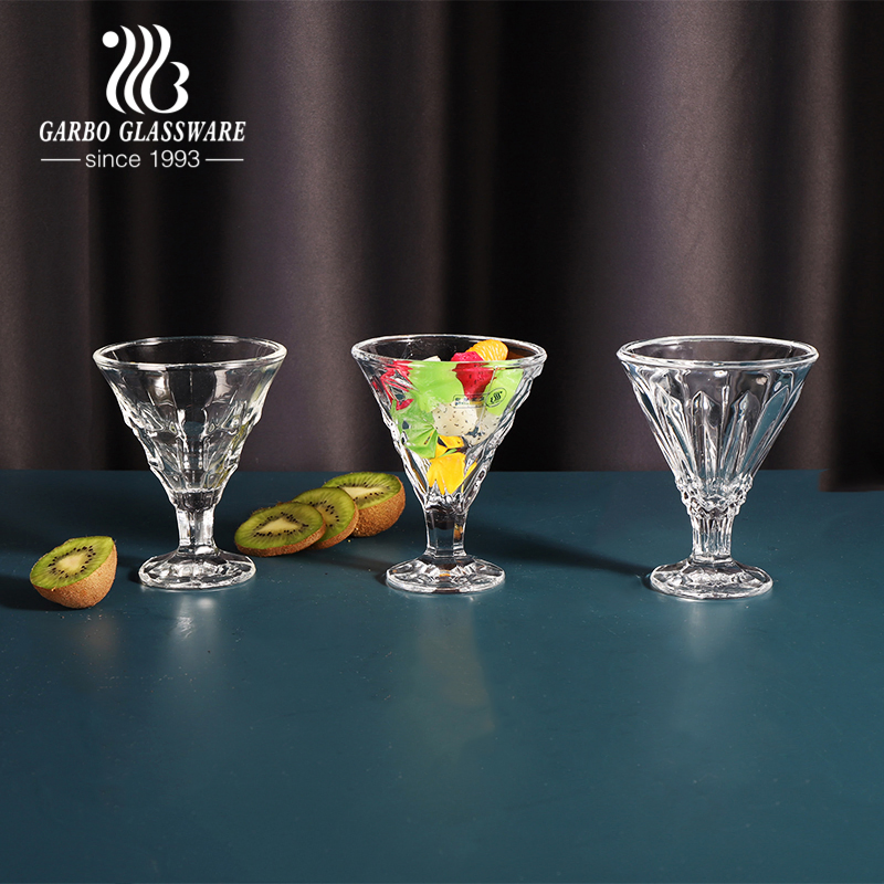 Glass Ice Cream Bowl with Stand Engraved Glass Goblet for Martini Ice Cold Drink Best in Summer 215 Ml Glass Dessert Cup with Stand in Stock