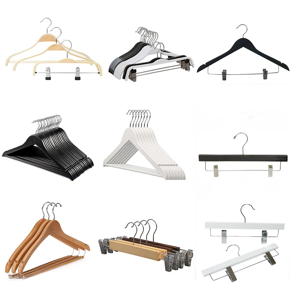 Top Grade Wooden Clothes Hangers (Solid wood) with Trousers Bar/Metal Clips in Natural/Dark/Black/White Color for Shirts/Coats/Suits/Other Luxury Garments