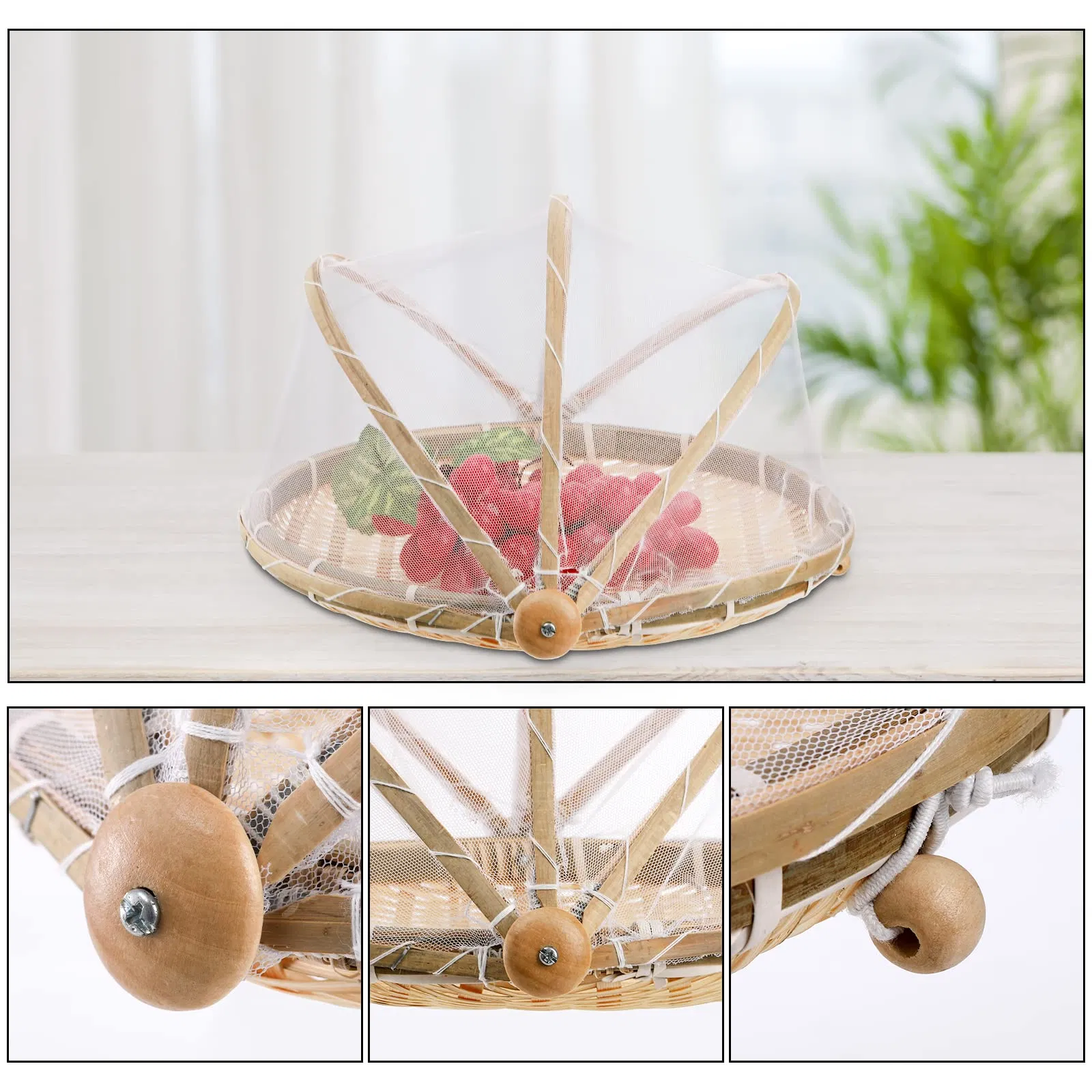 Food Serving Tent Basket Hand-Woven Bamboo Dustproof Round Picnic Basket Net