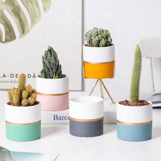 Набор горшков керамических скандинавский стиль золотая окантовка 2 шт