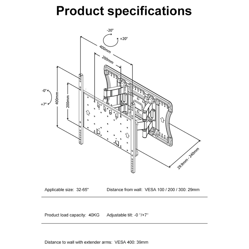 Full Motion TV Mount Suitable for 40-85 Inch LED LCD OLED Display up to Vesa 600X400 TV Wall Bracket