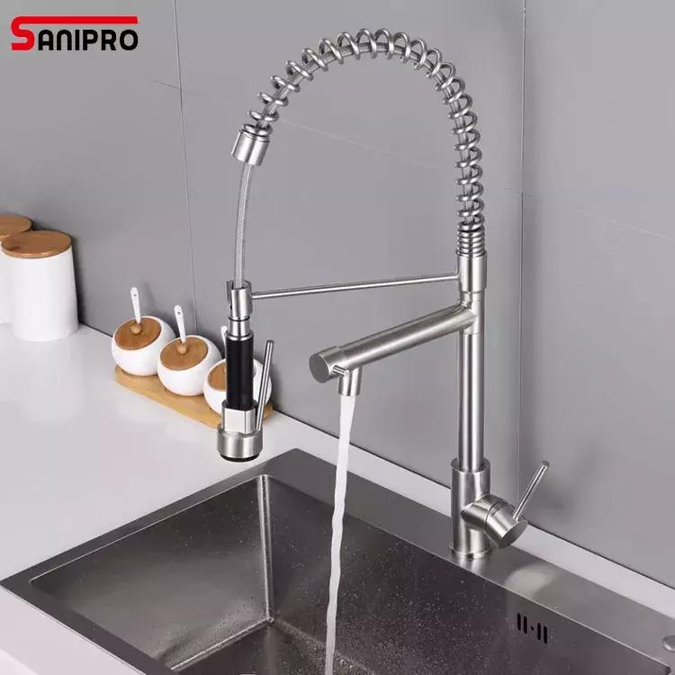 Sanipro Dual Sprayer Mixer Taps Brushed Nickel 360 Degree Swivel Spout Kitchen Sink Faucet Spring Pull out Tap