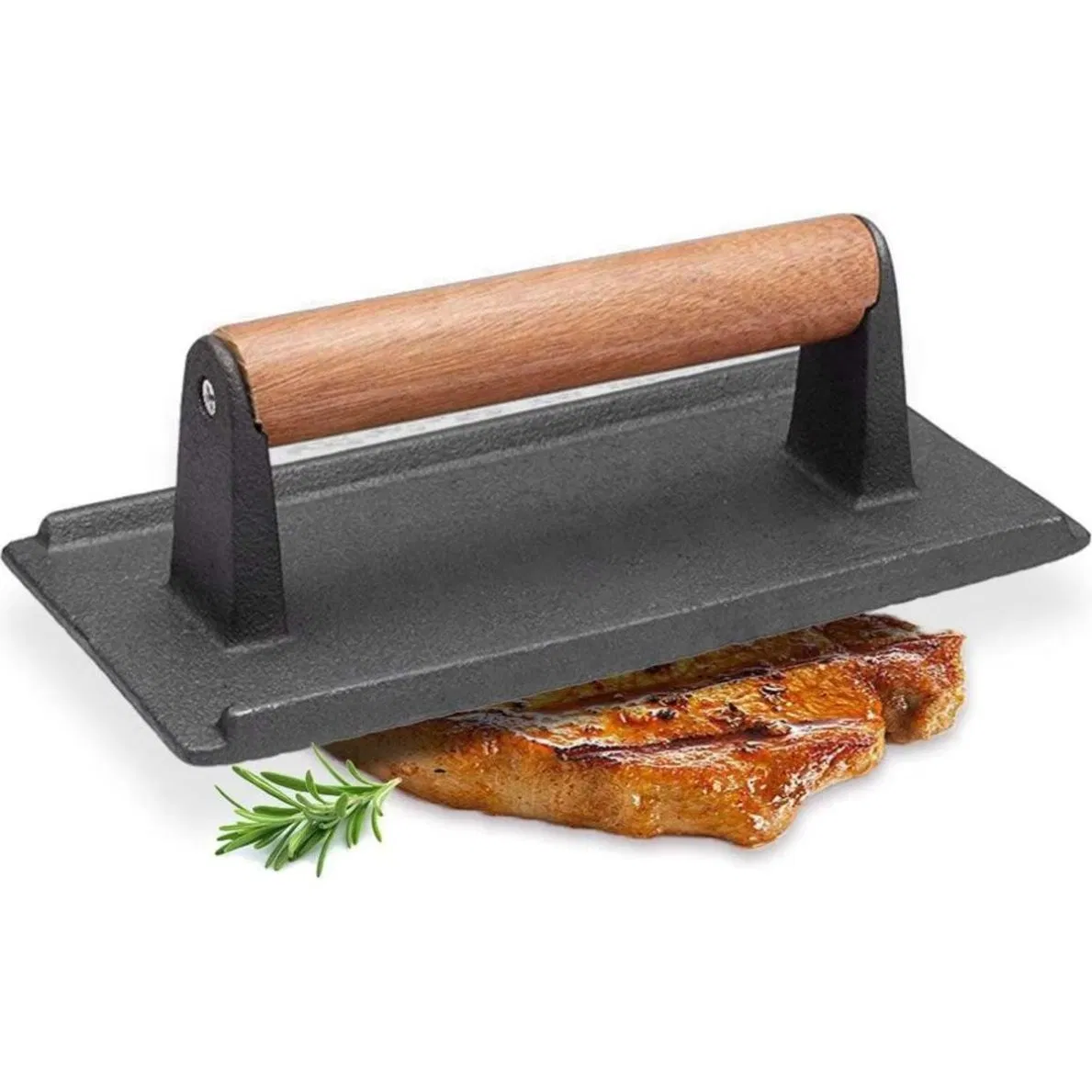 Pre-Seasoned Cast Iron Bacon Press Meat Cooking Grill Press Cast Iron Hamburger Grill Press with Wooden Handle