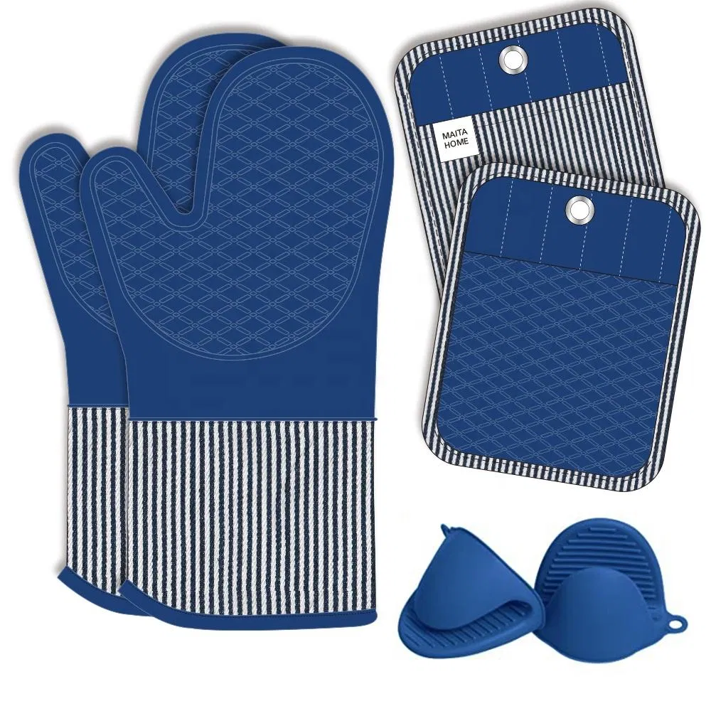 Blue Silicone Cotton Stripe Oven Mitt and Pot Holder Set