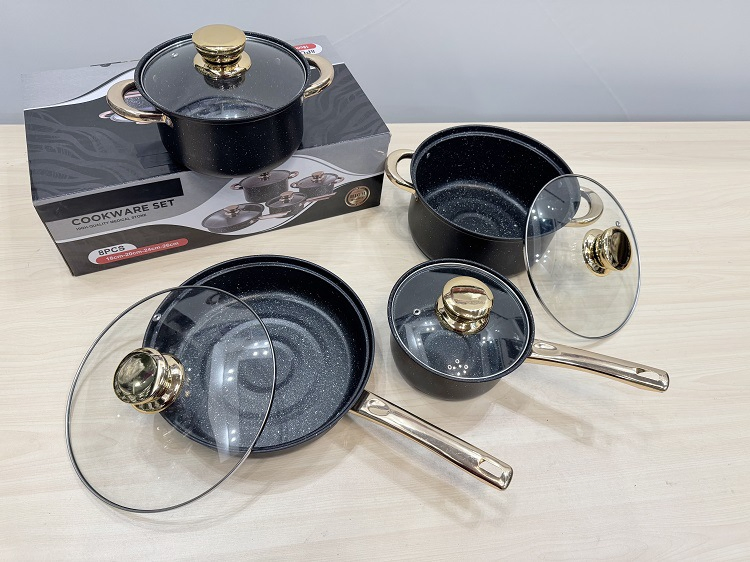 Ceramic Stone Cookware Set Wholesale 8PCS Non-Stick Frying Pans with Golden Handles