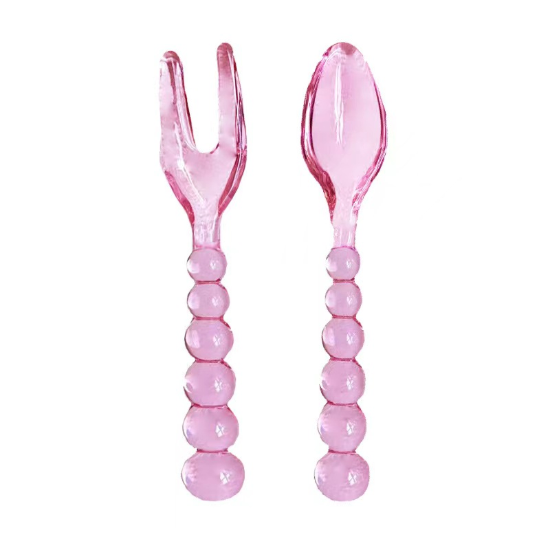 OEM Medieval Glass Beaded Tableware Spoon and Fork Creative Transparent Pink Green Glass Dinner Set