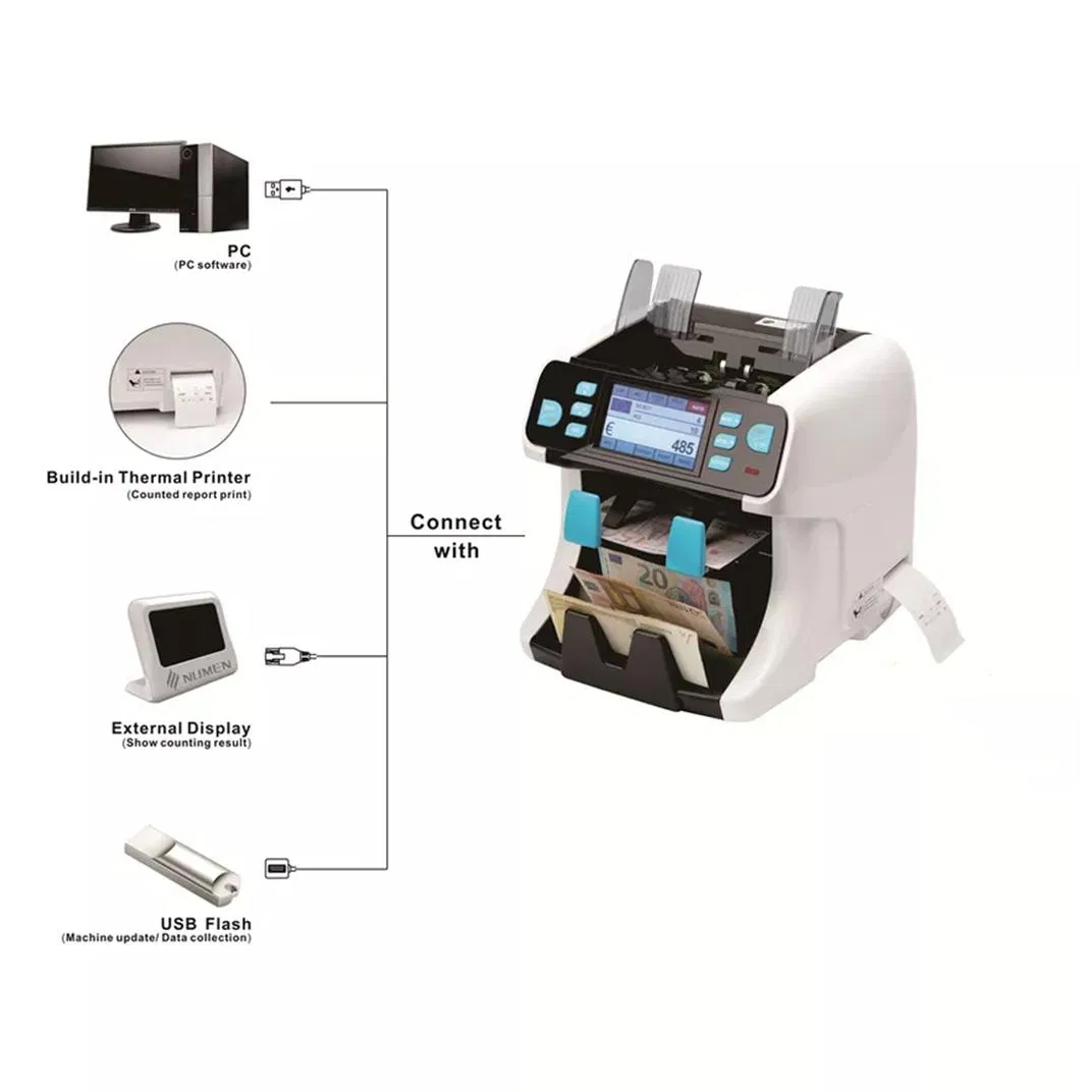 Two Pockets Multi-Currency Banknote Sorter with Two Cis Image Technology Serial Number Reading Counting Sorting Machine