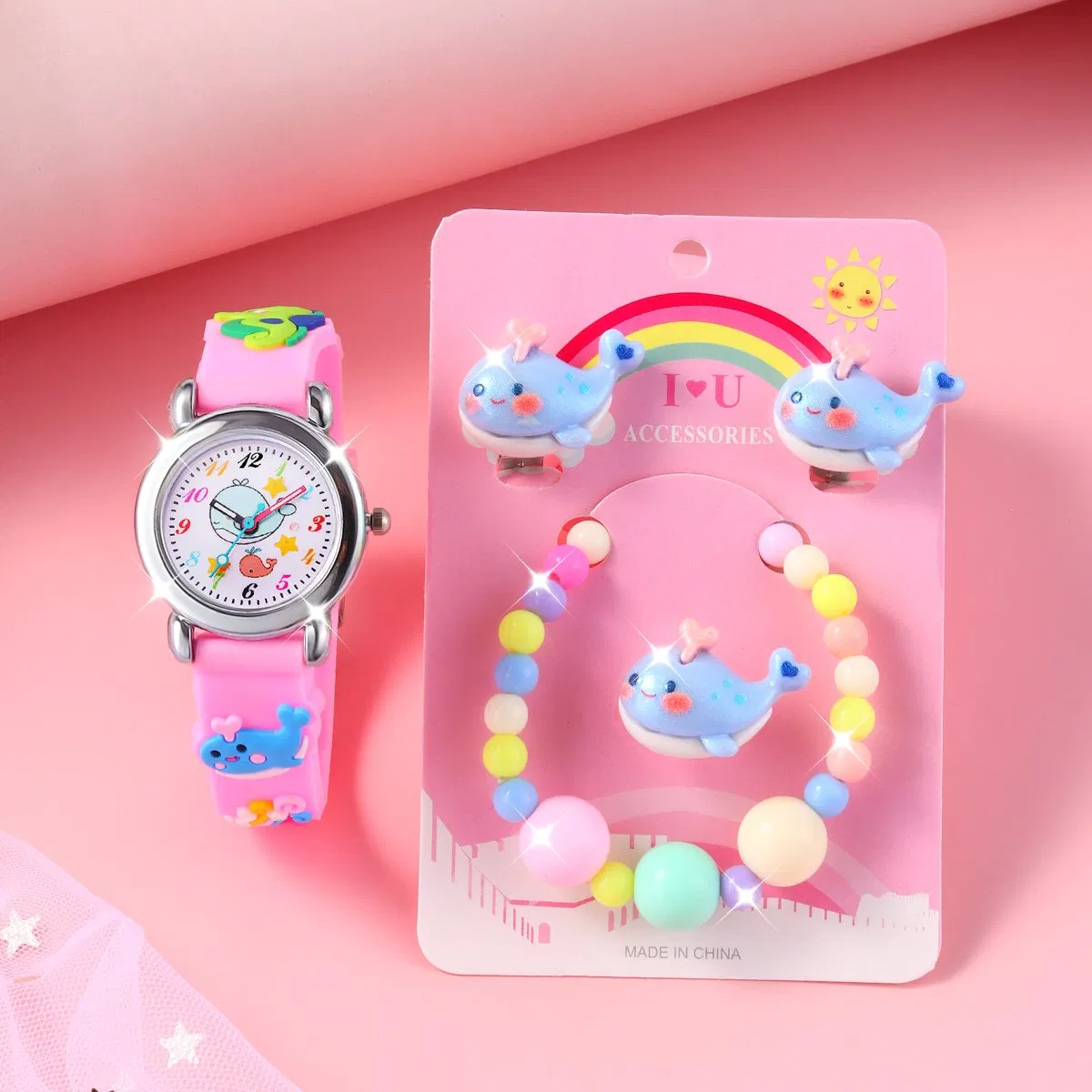Cute Cartoon Watches Whale Element Pink Watch Set