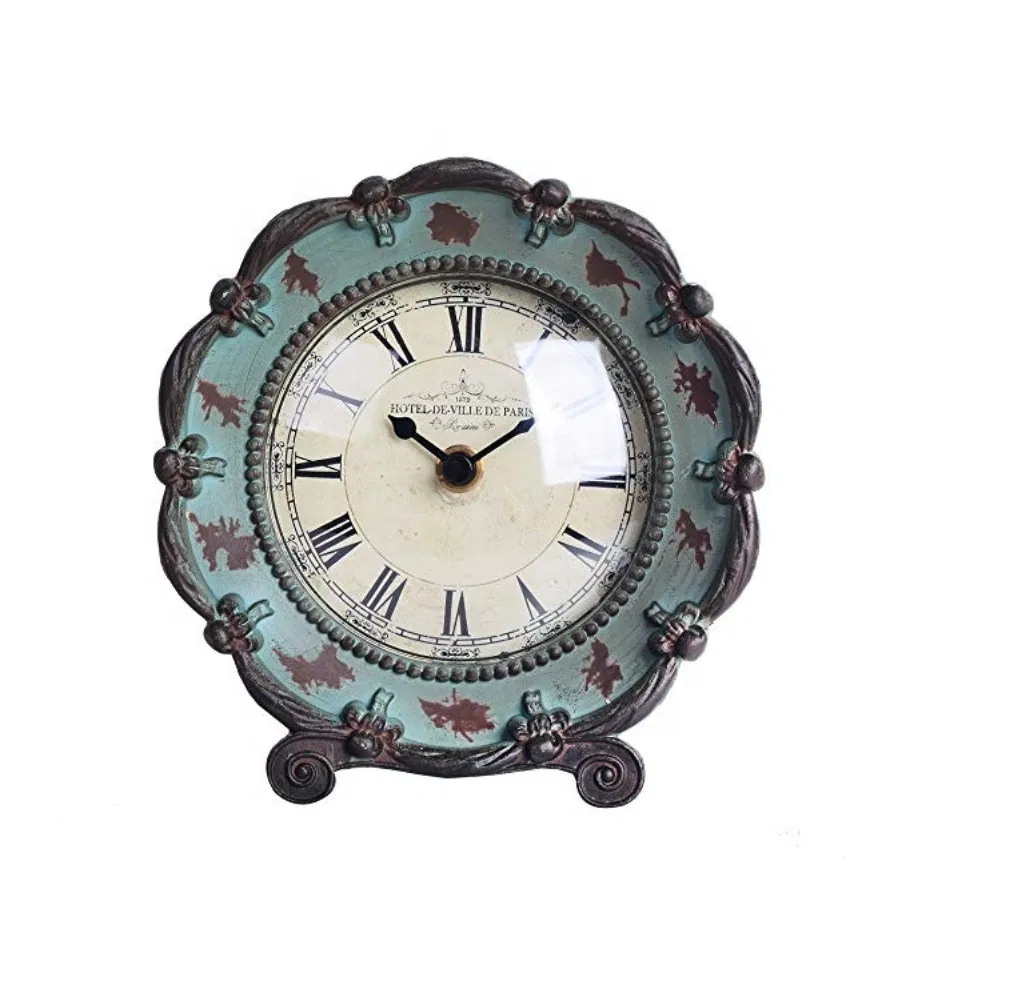 Shabby Chic Pewter Table Clock Green Vintage Style Desk Clock Decor Home