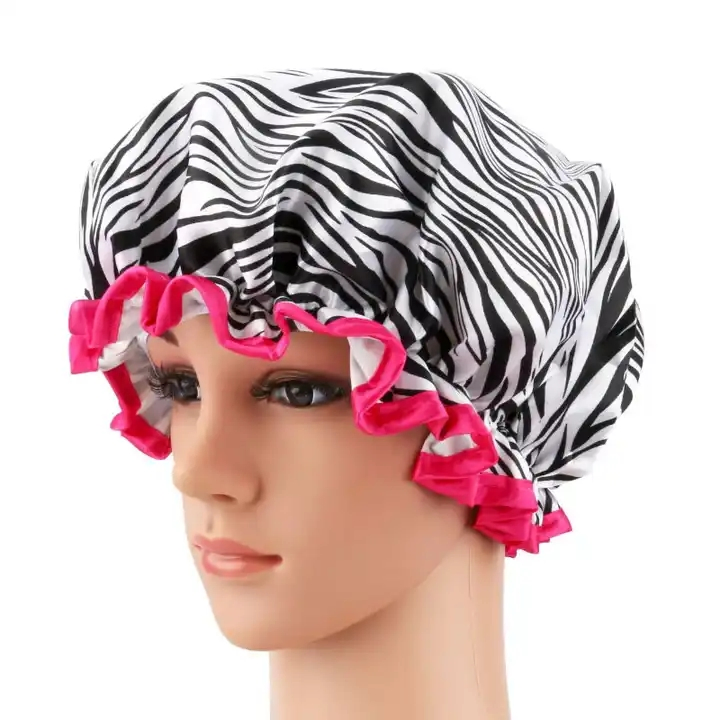 Zebra Printing Polyester Satin Fabric Double Layer Shower Caps with Flower