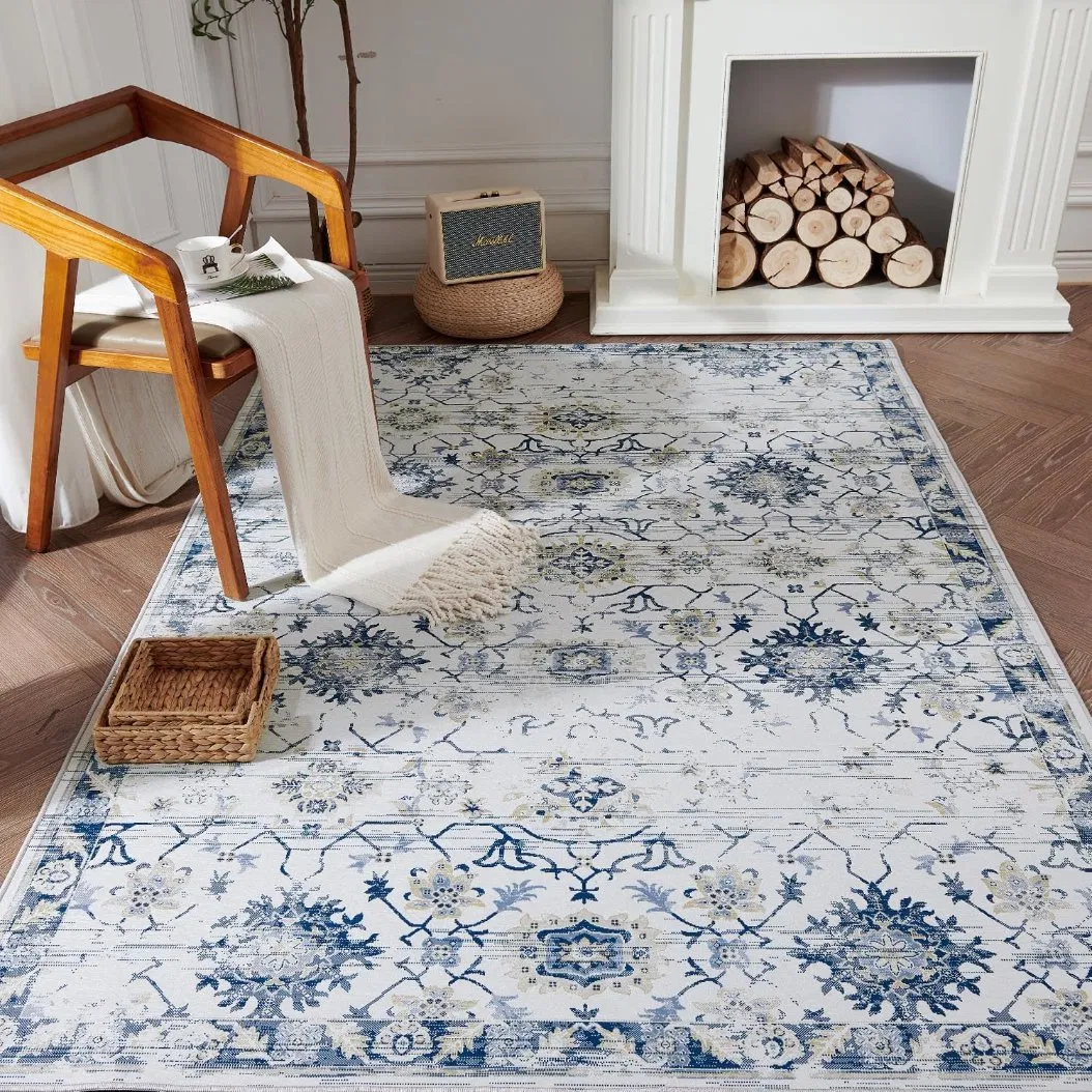 Custom 5X7 Persian Washable Bedroom Rug Kitchen Navy Blue 100% Polyester Silk Non Slip Modern Living Room Carpet