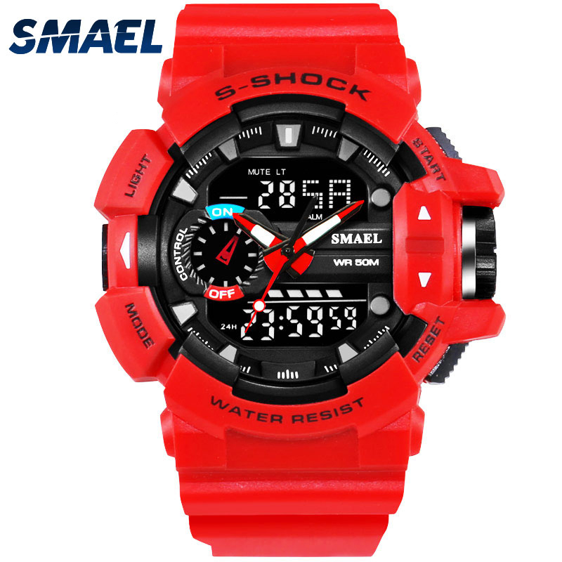 Fashion Shockproof Sporty Watches Multifunctional Waterproof Sports Dual Display Electronic Quartz Watch Red
