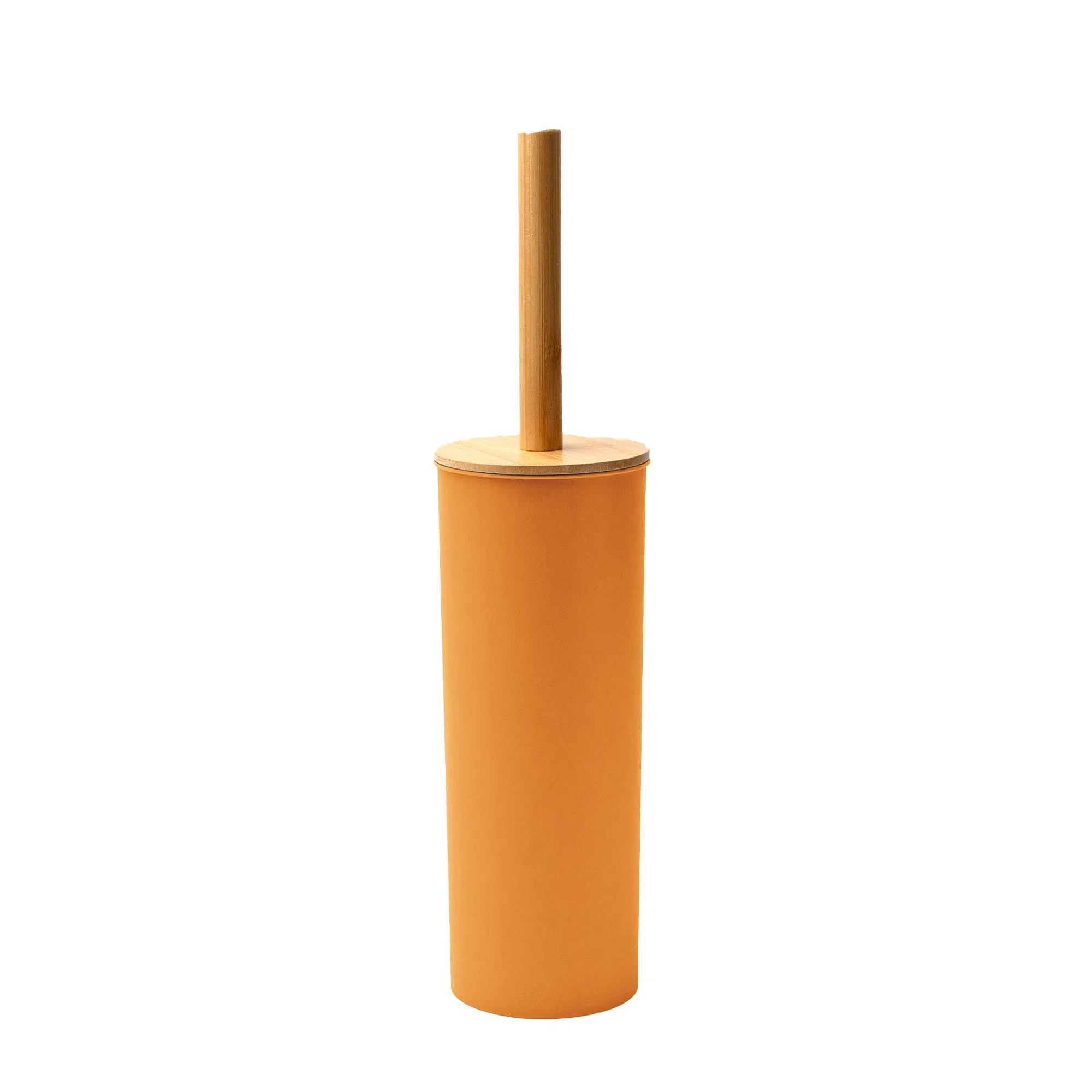 Hot Sale Household Bathroom Round Toilet Brush with Bamboo Metal Plastic Lid Orange