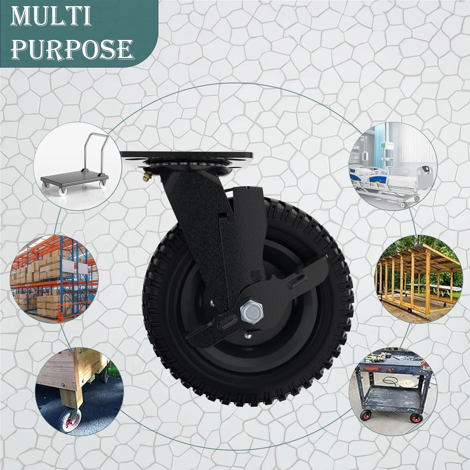 Plate Caster Wheel with Side Brake, 8 Inch/200mm Solid Rubber Tire