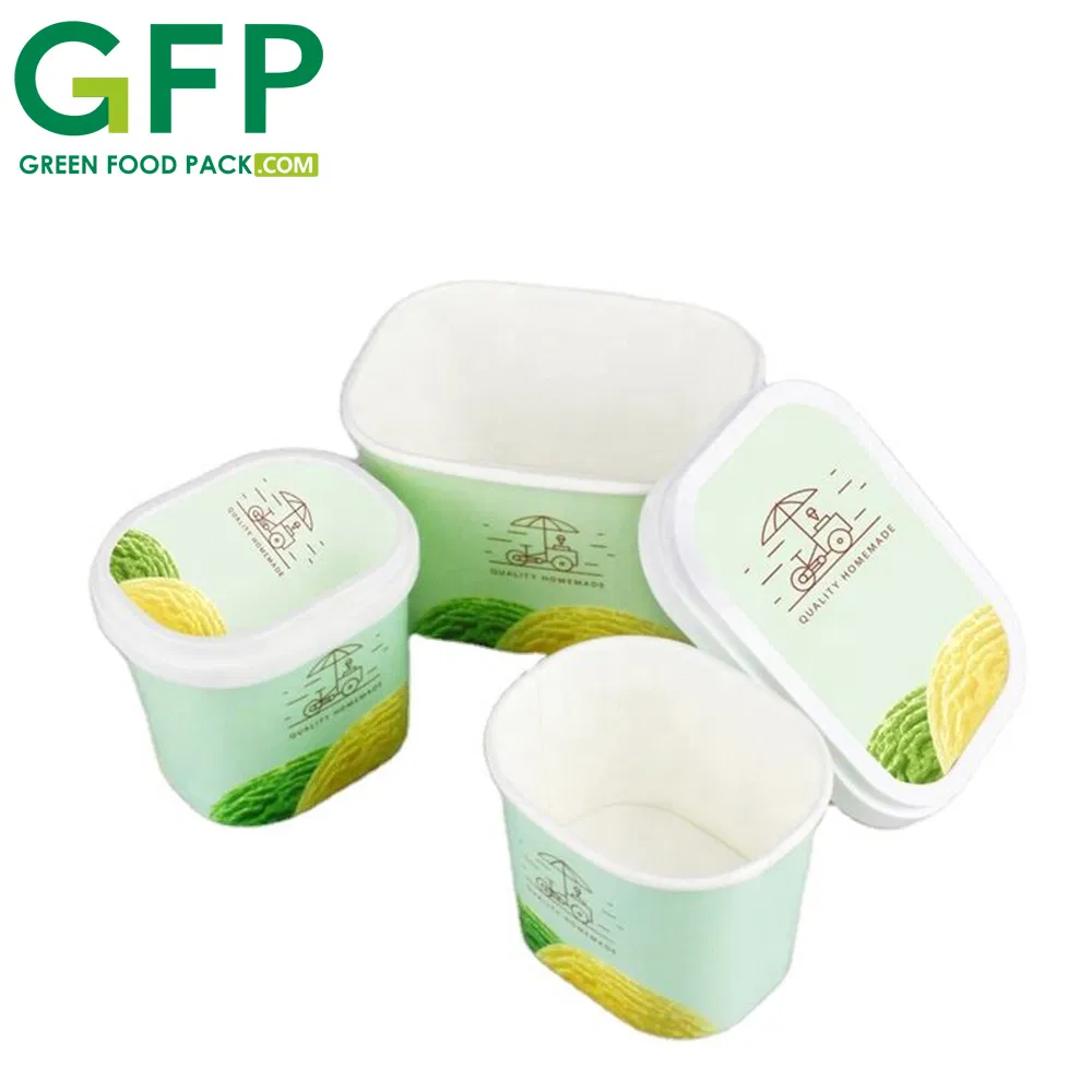 Disposable Biodegradable Square Ice Cream Paper Cup Gelato Food Container Rectangle Shape Paper Cup with Plastic Lid