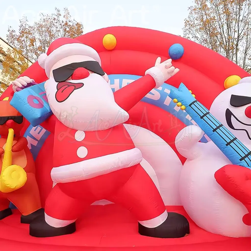 Inflatable Rock Stage with Cool Santa Playing Guitar Snowman and Music Reindeer Christmas Band Show