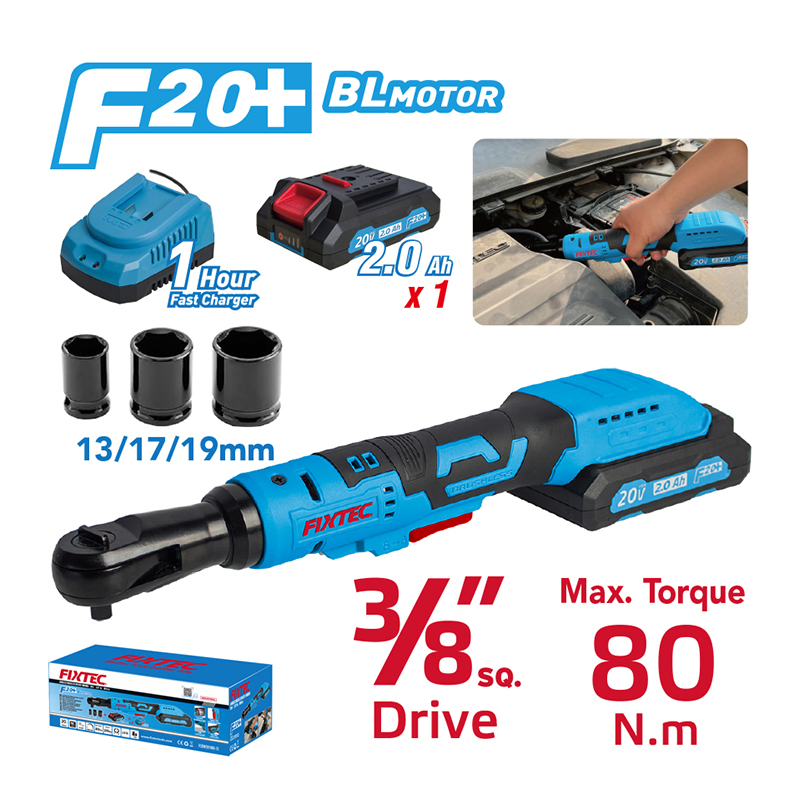Fixtec 20V Cordless Power Tool Set Charger Batteries Household Ratcheting Wrench 3/8" Variable-Speed Ergonomics Ratchet Wrench Kit