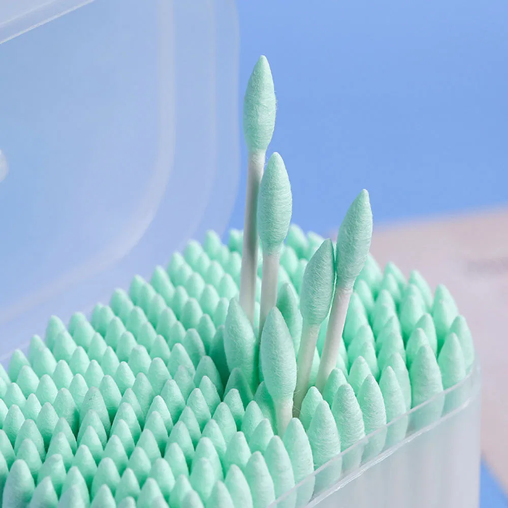 200 Pieces of Cotton Swabs with Green Cotton Tips Packed in a Frosted Square Box.