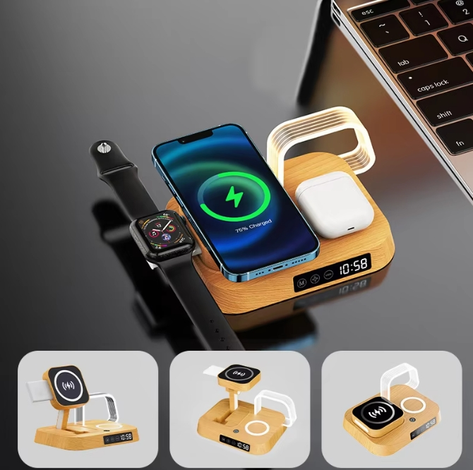 Foldable 3 in 1 Magnetic Wireless Charger Digital LED Light Desktop Alarm Clock Fast Wireless Charging Smartphone Watch Earbuds
