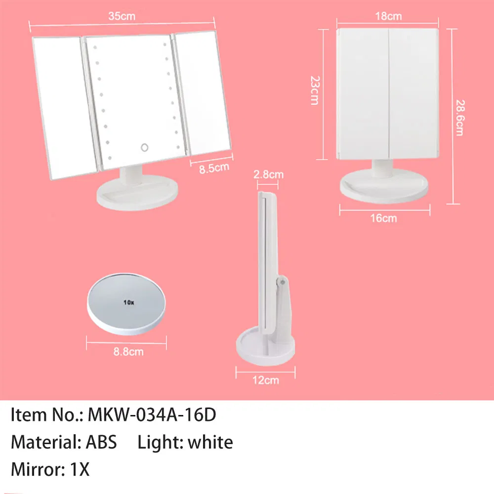 16 LED Lights with Touch Sensor 3 Folds Makeup Mirror With180 Adjustable Rotation, Dual Power Supply