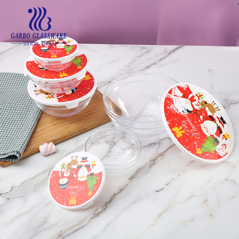 Christmas Salad Glass Mixing Bowls 5PCS Glass Bowl Set with Plastic Lid