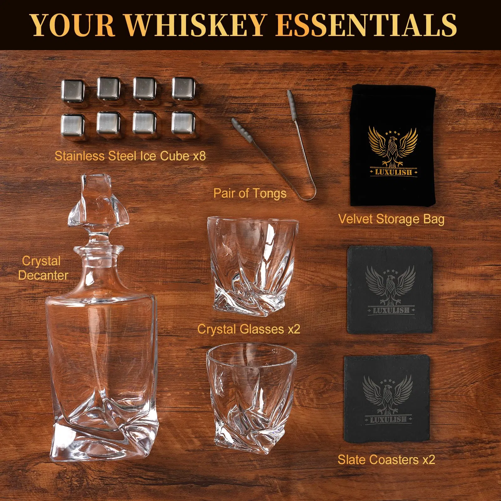 Wholesale Custom Logo Twisted Bourbon Whiskey Decanter Gift Set with Handcrafted Wooden Box