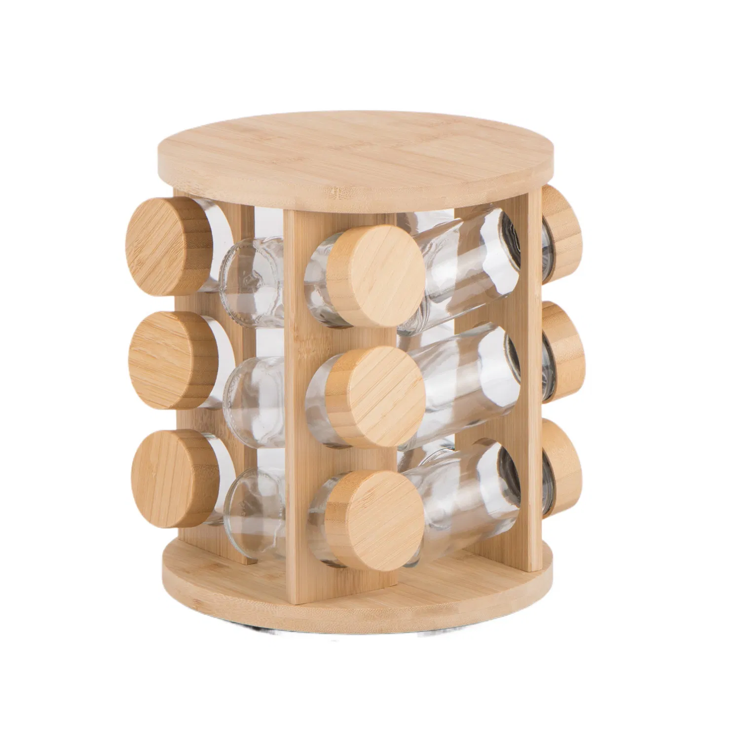 12PCS Round Glass Spice Jar Set Spice Shaker with Bamboo Lid and Round Rotating Bamboo Stand