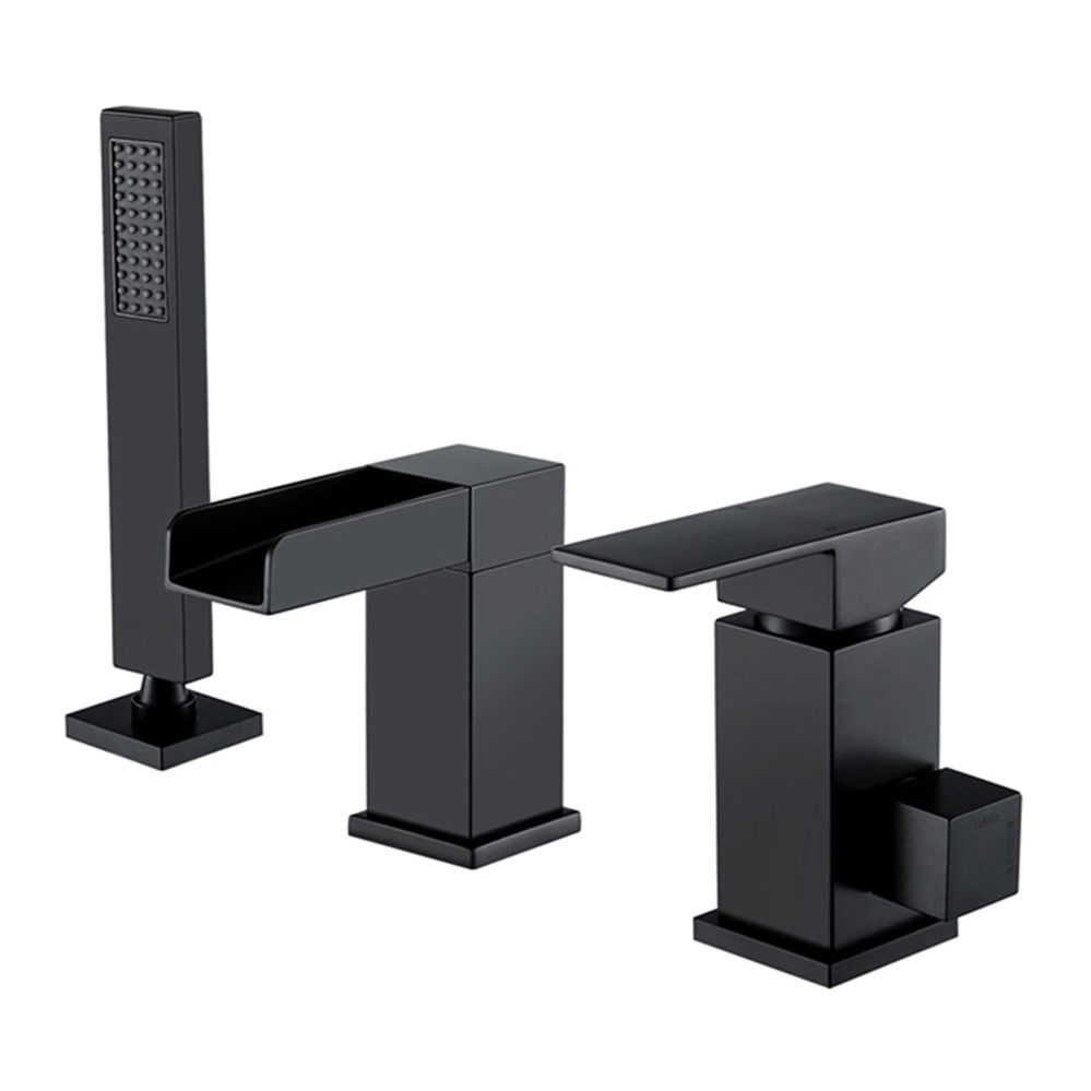 Kaiping Factory Direct Round Style Matt Black Brass 3 Holes Bath Deck Mounted Bathroom Bathtub Faucet