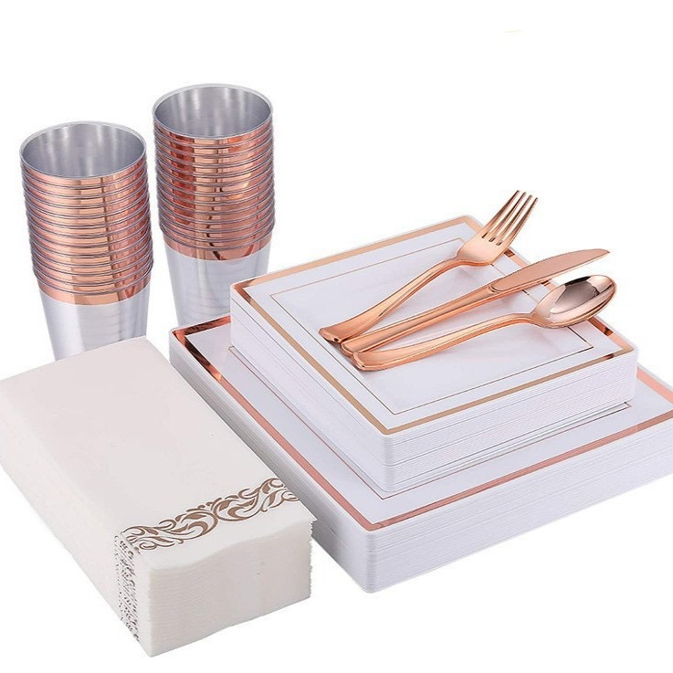Rose Gold Rim Square Dinnerware Set Dinner Plastic Plates Dessert Plates Plastic Cups Linen Like Paper Napkins