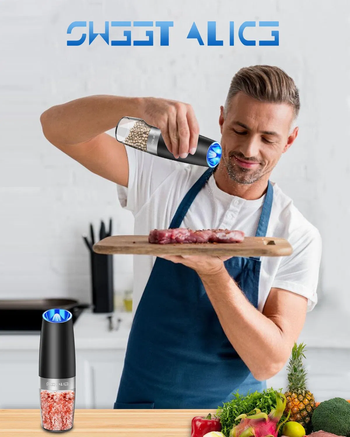 Gravity Electric Pepper and Salt Grinder Set, Adjustable Coarseness, 2 Pack