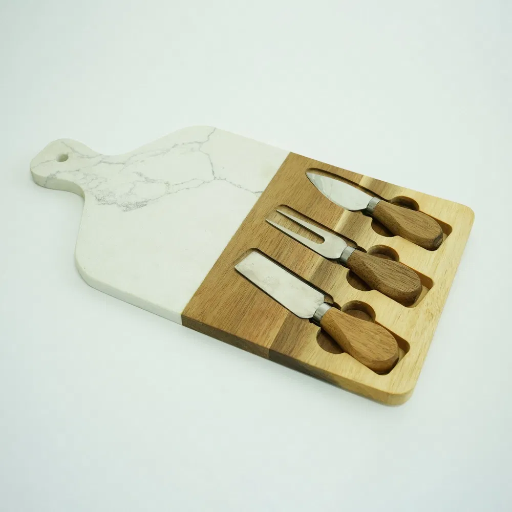 Сырная доска и ножи из акации и мрамора