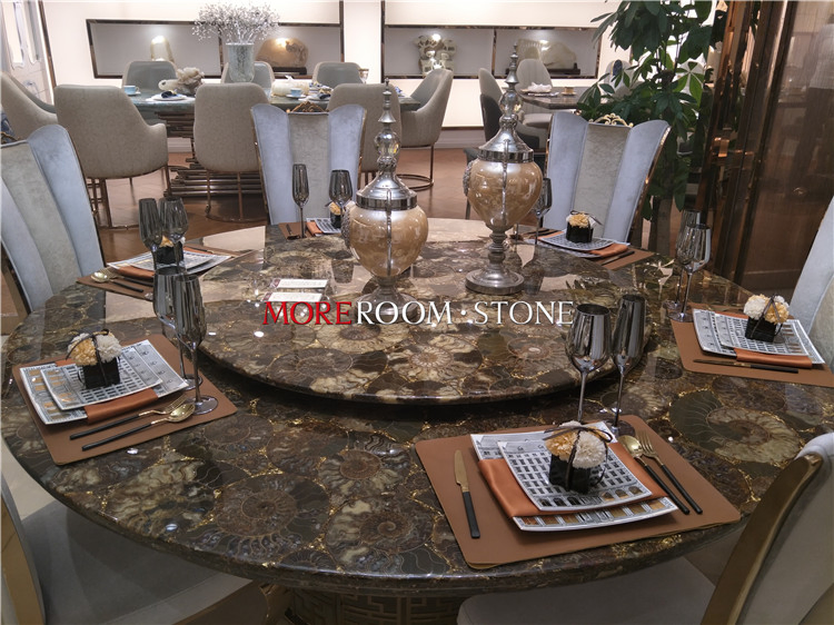 Luxury Villa Decor European Style Italian Custom Round Rectangle Brown Ammonite Sea Shell Fossil Nautilus Gemstone Dining Countertop