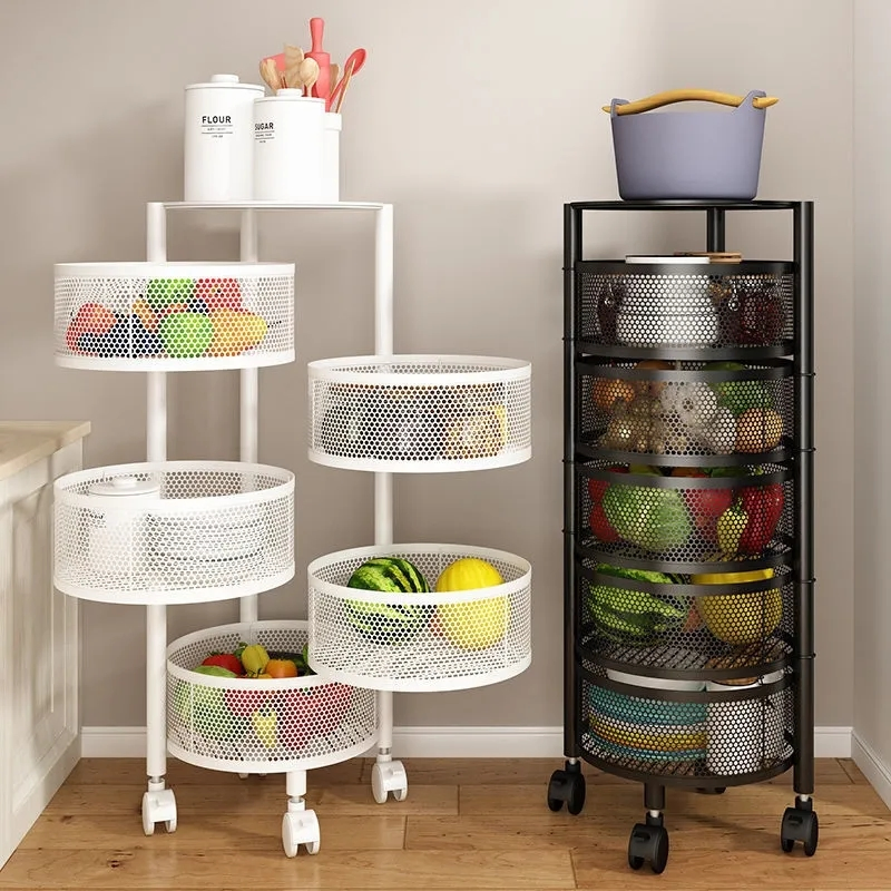 Fruit and Vegetable Round Square Baskets Rack Movable Rolling Storage Shelf