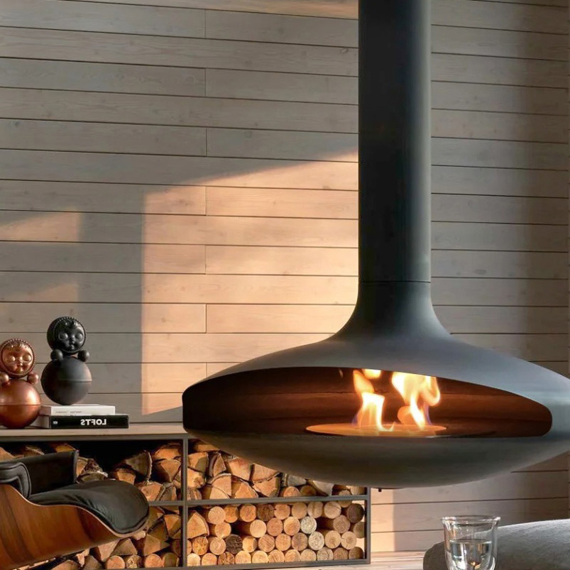 Hanging Fireplace Wood Ethanol Indoor Modern Gas Black Steel Electric Suspended Fireplace