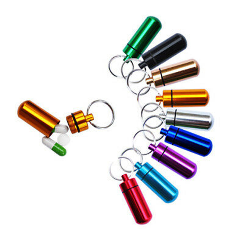 Custom Logo Print Waterproof Mini Aluminium Alloy Capsule Pill Holder Pill Box Pill Container with Keychain