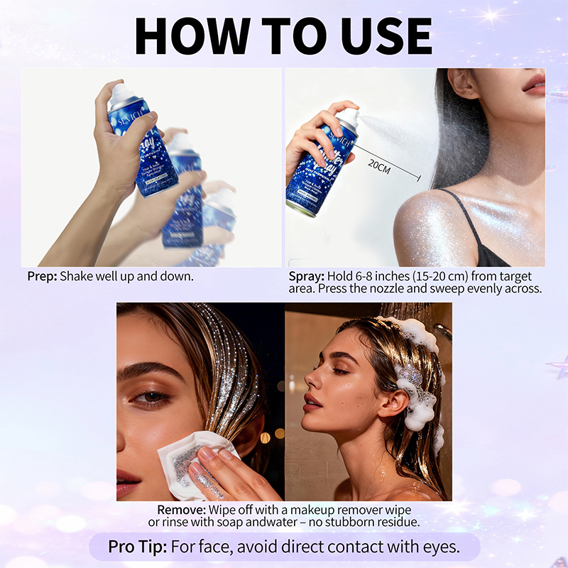 Private Label Glitter Powder Spray 120ml Hair Styling Silvery Highlighter Shiny Makeup Body Spray Glitter for Hair