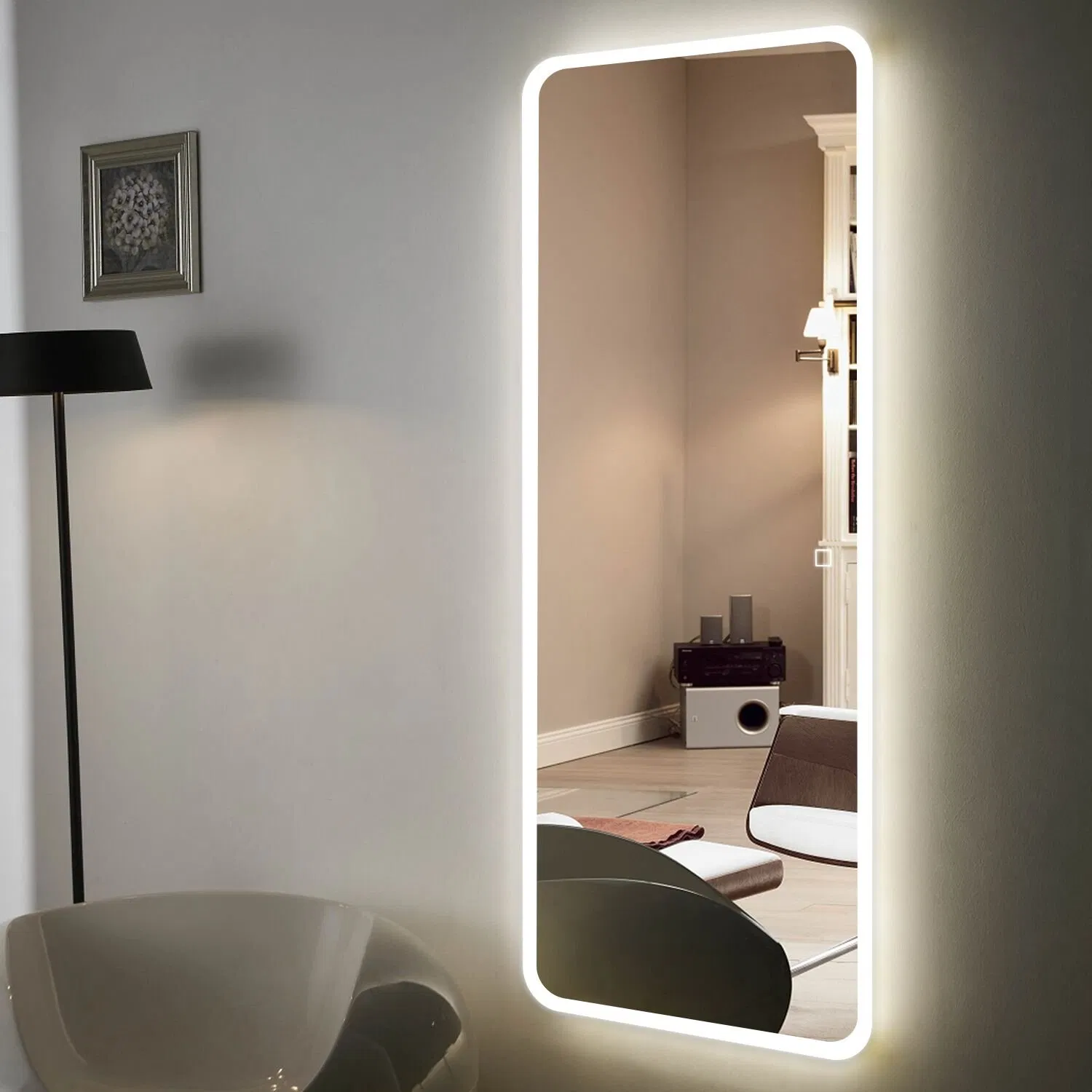 Vanity Bathroom Home Hotel Smart Furniture Mirror Silver Coating Frameless Wall Mounted LED Illuminate Backlit Silkscreen Mirror