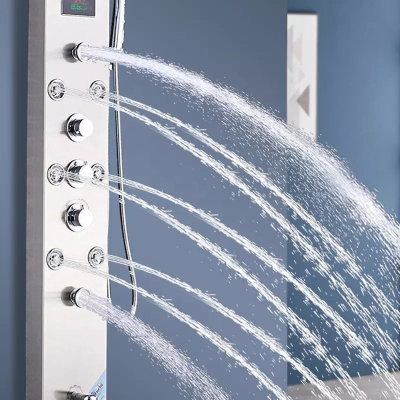 Shower Panel Temperature Display Bathroom Wall Mounted Stainless Steel Waterfall Shower Column Set Tower Jets LED Shower Panels