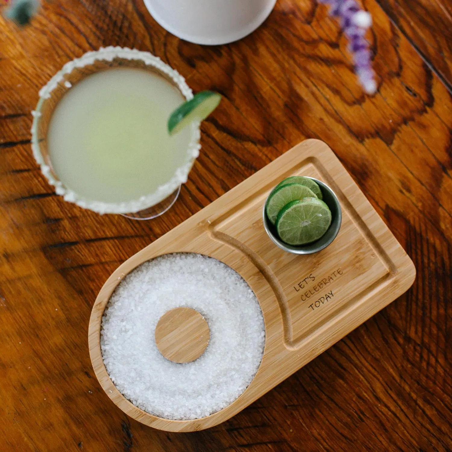 Margarita Bamboo Wood Salt/Sugar Rimmer Set W/Bowl & Room for Margarita Accessories