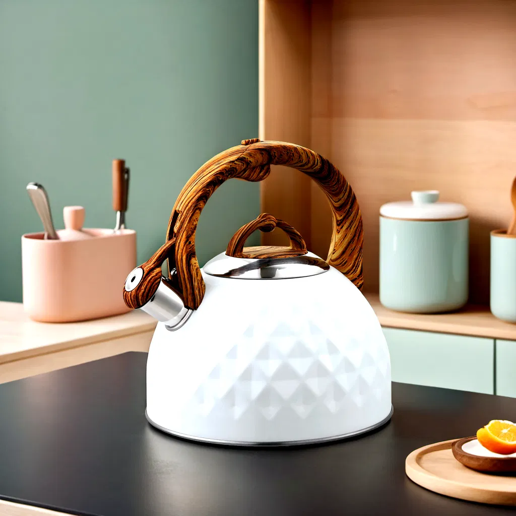 Белый чайник со свистком и деревянной ручкой